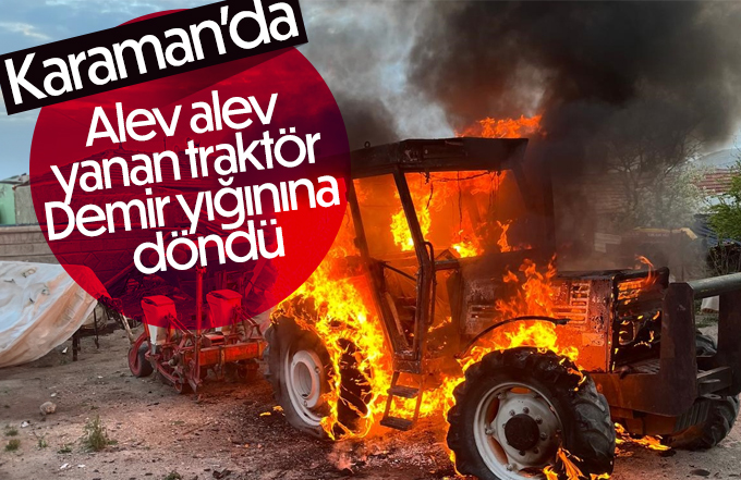 Alev alev yanan traktör demir yığınına döndü